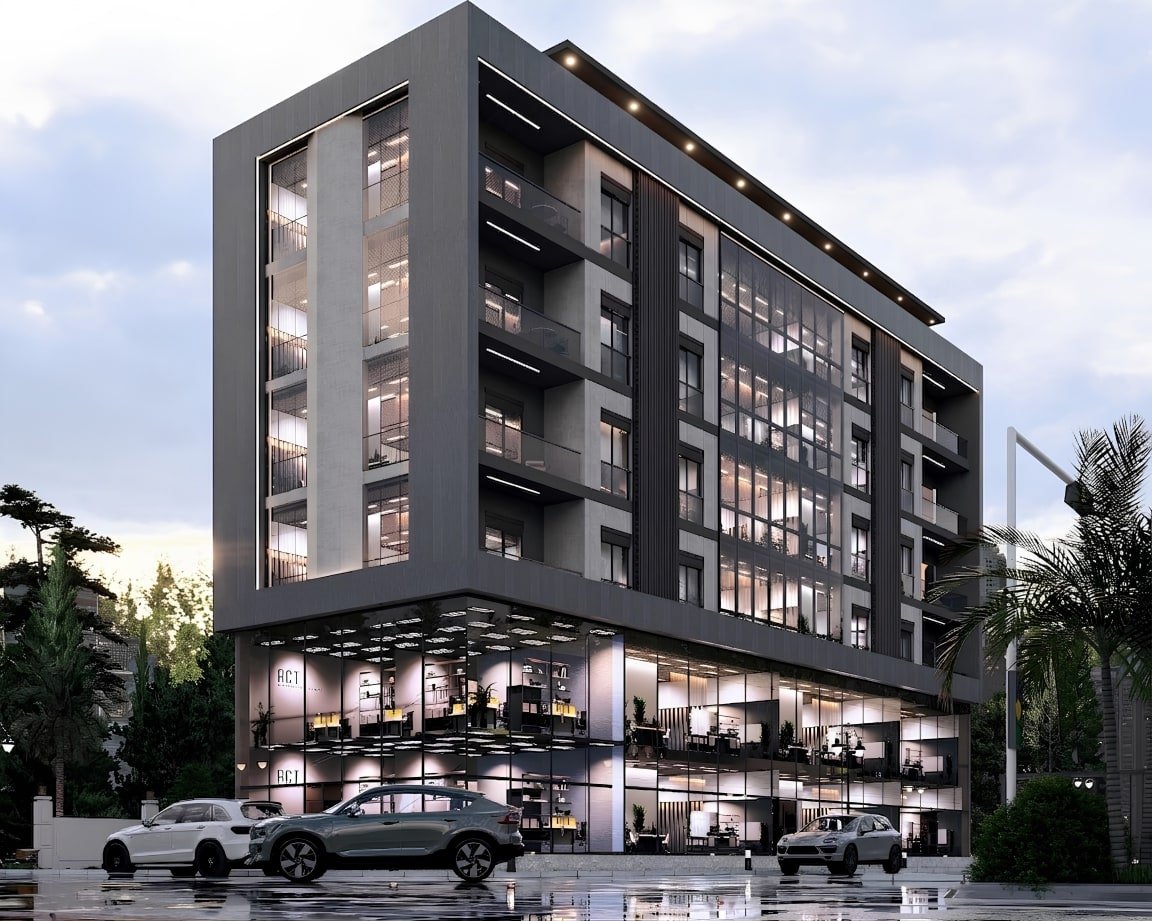 Yaka Plaza dış cephesinin alacakaranlıkta görünümü